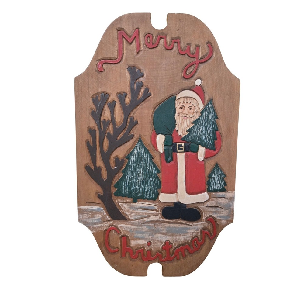 Folk Art Hand Carved & Painted Wood Merry Christmas Tree Santa Wall Hanging 16"